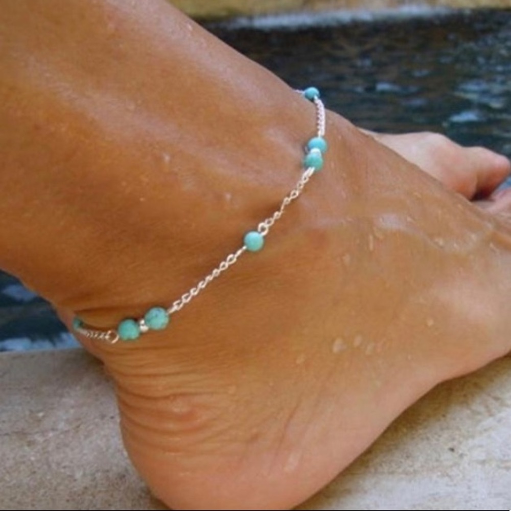 Sterling silver synthetic blue beads anklet